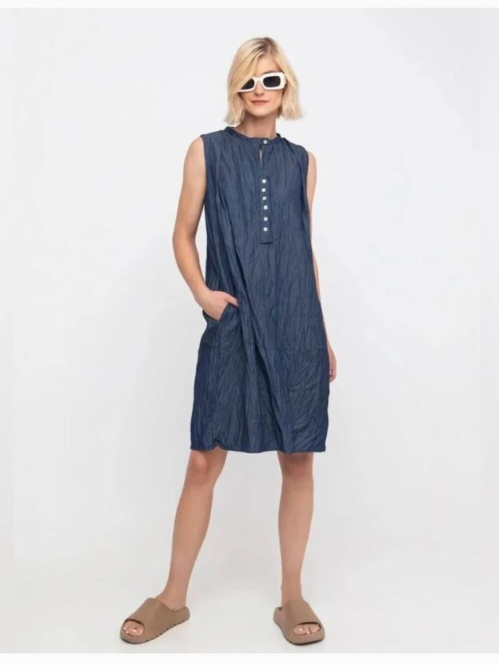 Ozai N Ku Crinkle Dress Pullover Button-Tab Relaxed Pockets Lagenlook Sz S